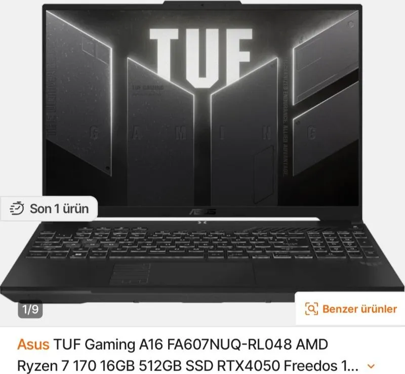 Asus TUF Gaming A16 FA607NUQ-RL048 AMD Ryzen 7 170 16GB 512GB SSD RTX4050 Freedos 16″ Taşınabilir Bilgisayar