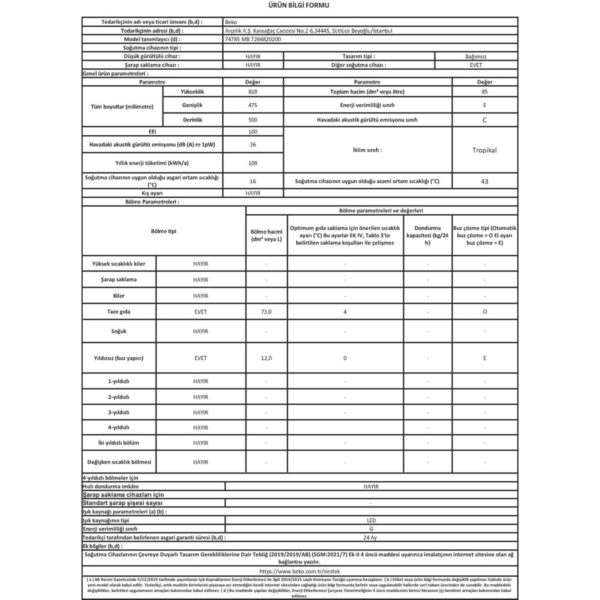 Beko 74785 MB Mini Buzdolabı 85 lt Kapasite Enerji Sınıfı E Beyaz Renkli Şık Tasarım
