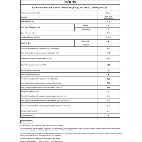 Beko Kmx 90 S Gümüş Gri 9 kg A++ Enerjili Isı Pompalı Kurutma Makinası Kırışıklık Önleme Özelliği ile