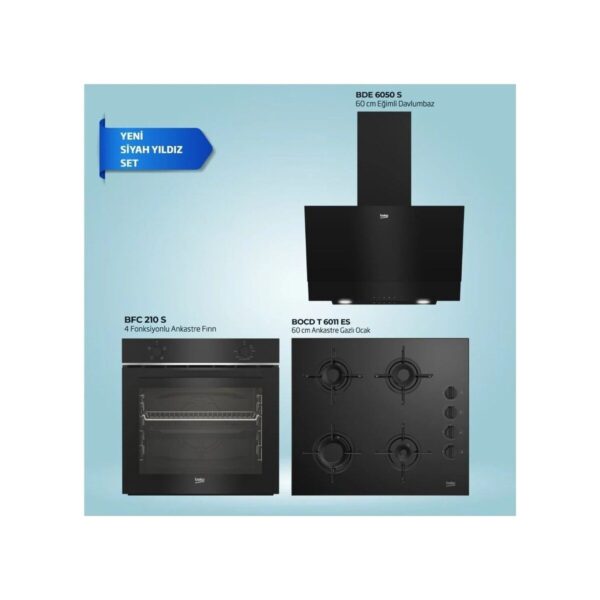 Beko New Black Star 3 Lü Ankastre Set Bfc 210 S – Bocd T 6011 Es – Bde 6050 S Siyah Cam Yüzeyli A Enerji Sınıfı Modern Mutfak Uyumlu