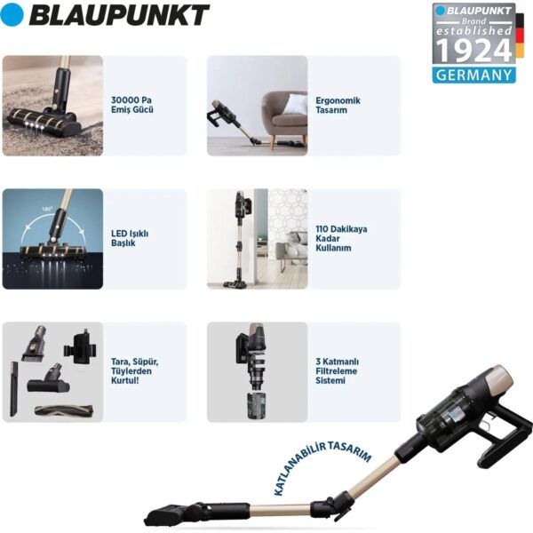 Blaupunkt A70 30.000Pa Güçlü Emişli Dikey Süpürge – 110 dk Uzun Pil | HEPA Filtre | 1 L Toz Haznesi