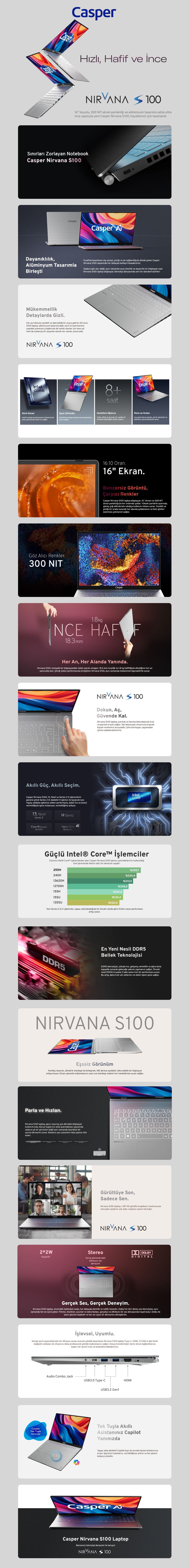 Casper Nirvana S100 300NIT i7-13620H 16GB DDR5 1TB SSD 16" W11H Laptop S100.1362-BF00A-G-F
