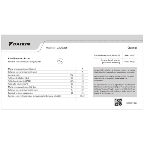 Daikin Premix Vz 26KW (TR.D2CPX026) Tam Yoğuşmalı Kombi Bacalı Isıtma Tekniği ile Yüksek Verimlilik