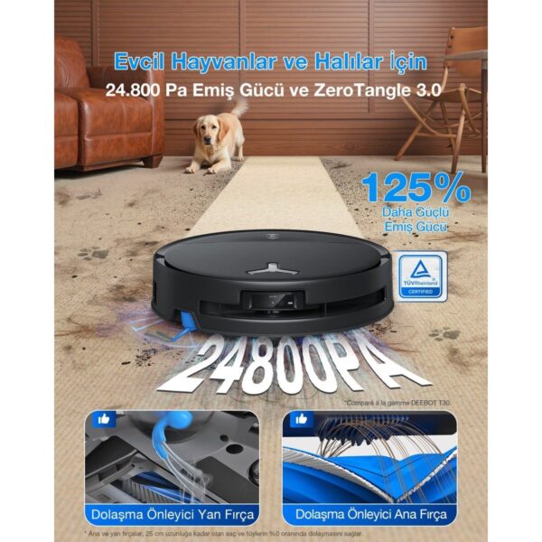 Ecovacs DEEBOT T80S Omni Robot Süpürge ve Paspas, 24.800 Pa Emiş Gücü, OZMO Roller 2.0 Paspas, ZeroTangle 3.0 Dolaşma Önleme, Triple Lift Özelliği, Sıcak Su ile Paspas ve Sıcak Hava ile Kurutma