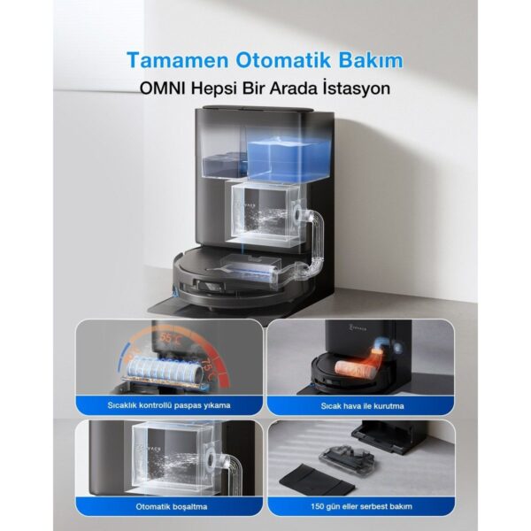 Ecovacs DEEBOT T80S Omni Robot Süpürge ve Paspas, 24.800 Pa Emiş Gücü, OZMO Roller 2.0 Paspas, ZeroTangle 3.0 Dolaşma Önleme, Triple Lift Özelliği, Sıcak Su ile Paspas ve Sıcak Hava ile Kurutma