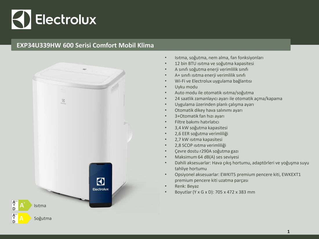 Electrolux EXP34U339HW 600 Serisi Comfort 12 Bin BTU Isıtma Soğutma Nem Alma Fan Fonksiyonlu Wi-Fi A/A+ Enerji Sınıfı Mobil Klima
