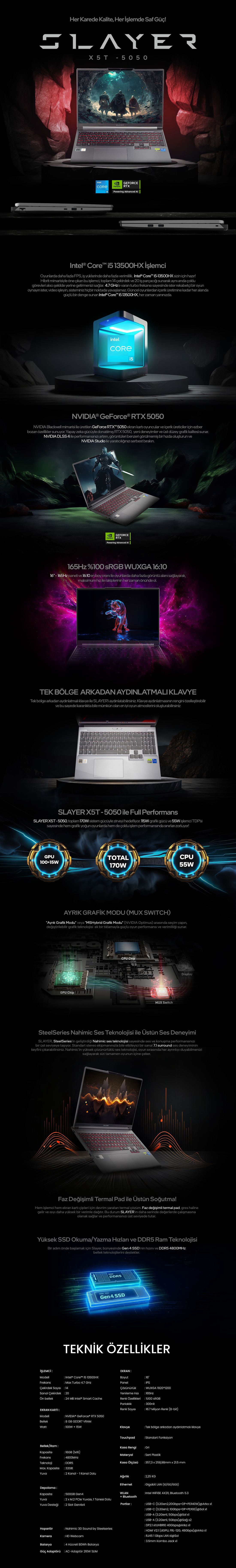 Game Garaj Slayer X5T-5050 C7 Intel Core I5 13500HX 16GB Ram 1tb SSD RTX5050 16" Wuxga 165Hz IPS Freedos Oyuncu Laptop