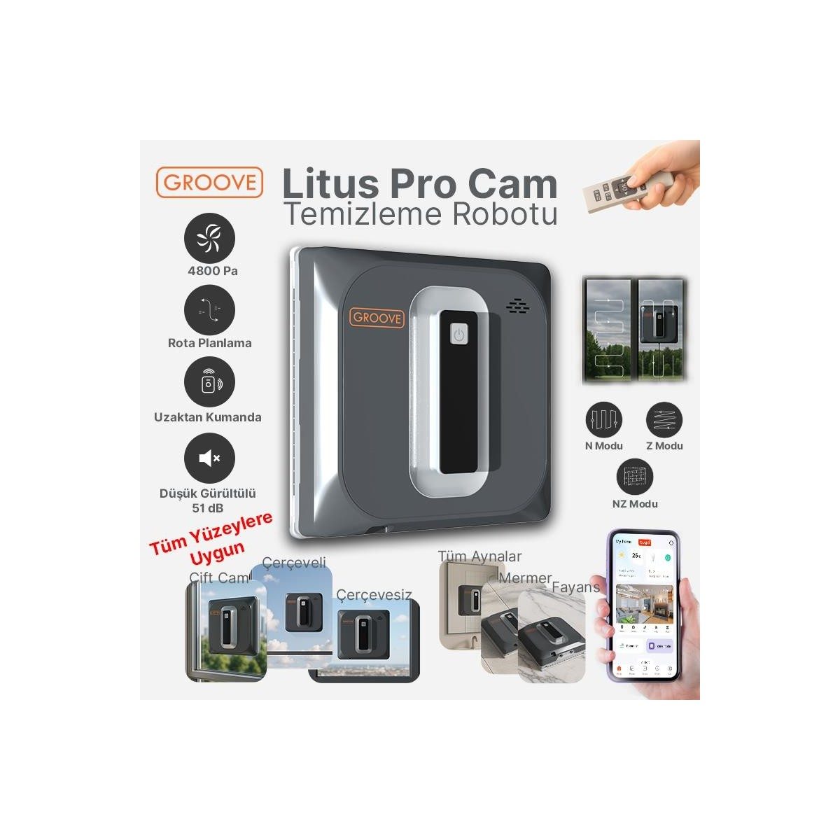 Groove Litus Pro Akıllı Uygulama Kontrollü Cam Temizleme Silme Robotu +Yapay Zeka Desteği+Ultra Sessiz+Akıllı Sensör+4 Ultrasonik Sprey HBCV00009SAB0F