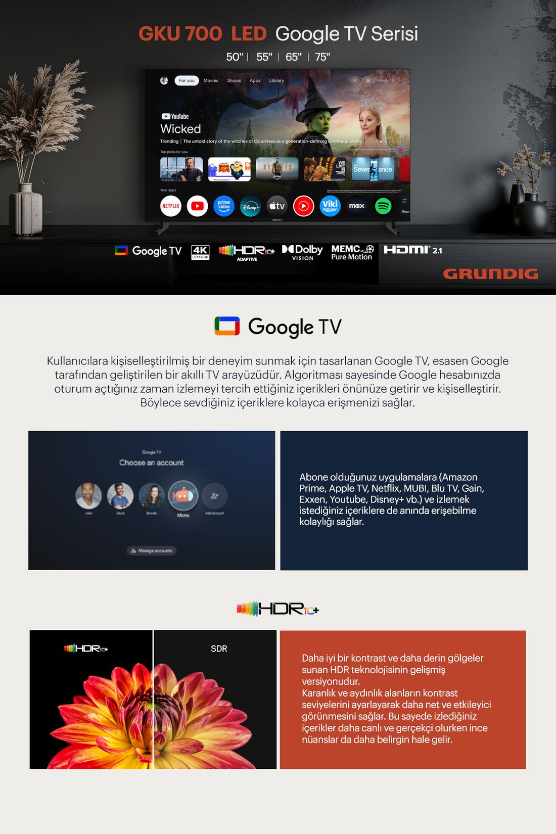 Grundig 75 GKU 700 75'' 190 Ekran Uydu Alıcılı 4K Ultra HD Smart Google TV