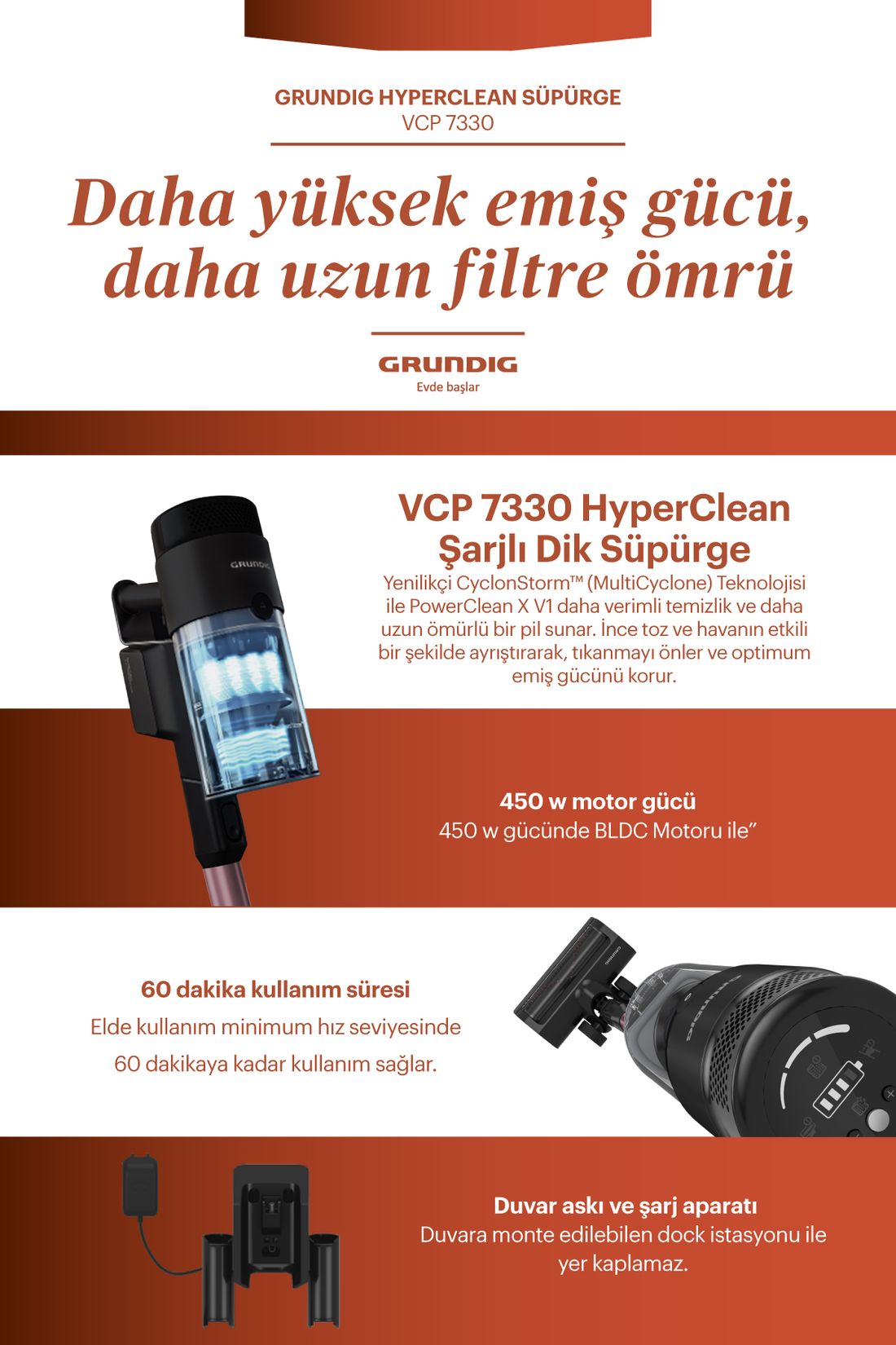 GRUNDIG VCP 7330 HyperClean 450 Watt BLDC Motor Şarjlı Dik Süpürge