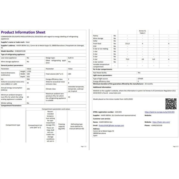 Haier HBQW5519E E Enerji Sınıfı 284 Lt Wi-Fi Bağlantılı Kombi Tipi No Frost Ankastre Buzdolabı