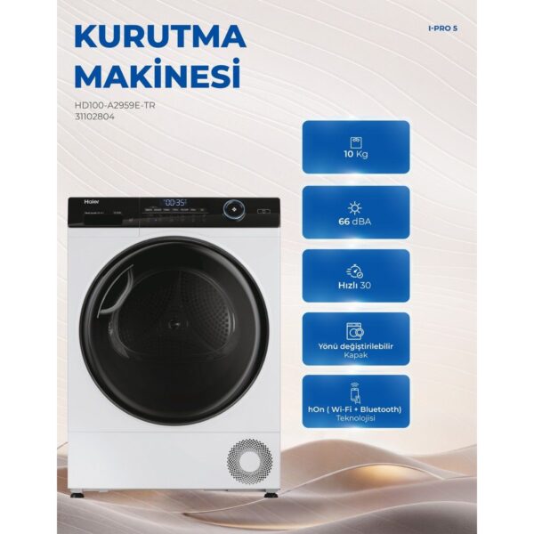 Haier HD100-A2959E-TR 10 kg Isı Pompalı Kurutma Makinesi Wi-Fi Bağlantılı E Enerji Sınıfı