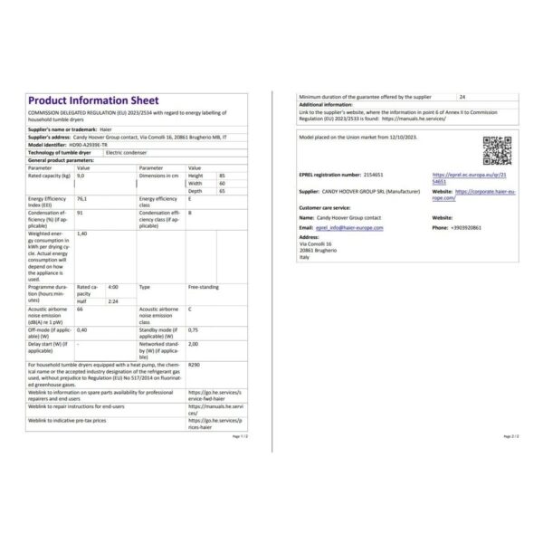 Haier HD90-A2939E-TR 9 kg Wi-Fi Bağlantılı Isı Pompalı Kurutma Makinesi E Enerji Sınıfı ve Sessiz Çalışma