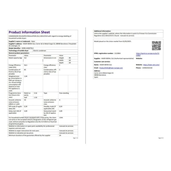 Haier HD90-A3Q979U1-S 9 kg Wi-Fi Bağlantılı Isı Pompalı Kurutma Makinesi