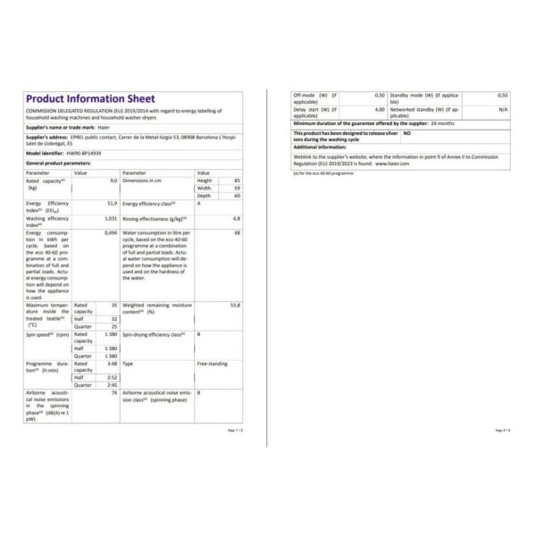 Haier HW90-BP14939-S 9 kg 1400 Devir Yıkama Kapasitesi Enerji Sınıfı A Çamaşır Makinesi