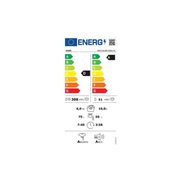 Haier HWD100BD1499UN/S 10 kg Yıkama 6 kg Kurutma Wi-Fi Bağlantılı 1400 Devir Kurutmalı Çamaşır Makinesi