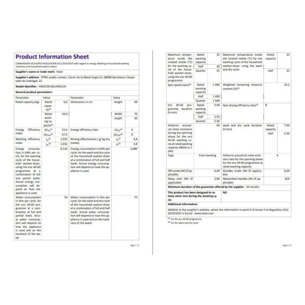 Haier HWD100BD1499UN/S 10 kg Yıkama 6 kg Kurutma Wi-Fi Bağlantılı 1400 Devir Kurutmalı Çamaşır Makinesi