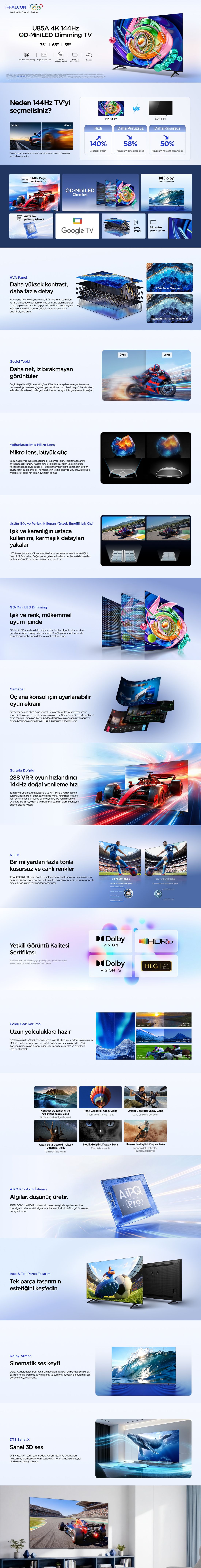 iFFALCON 65U85A 65'' 165 Ekran Uydu Alıcılı 4K Ultra HD Google QD-MiniLED Dimming TV