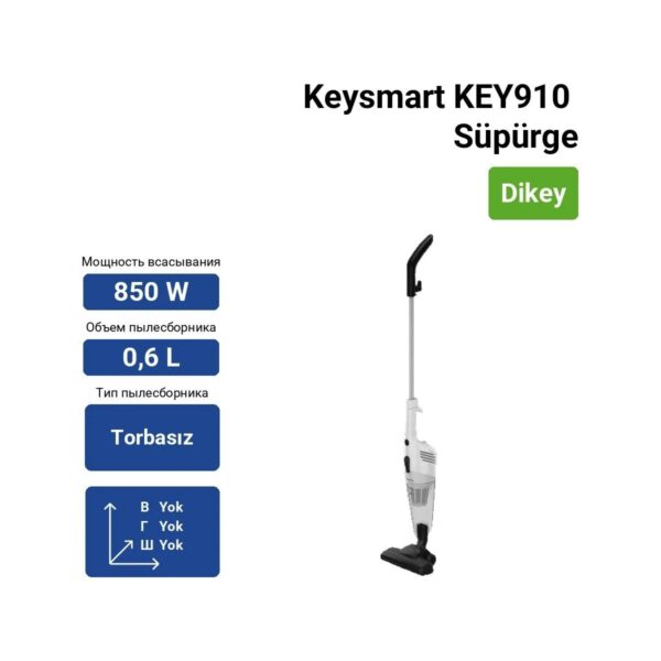 Keysmart KEY910 Kablolu Dikey Süpürge Beyaz Renk Toz Torbasız 0,6 L Kapasite ile Güçlü Emiş