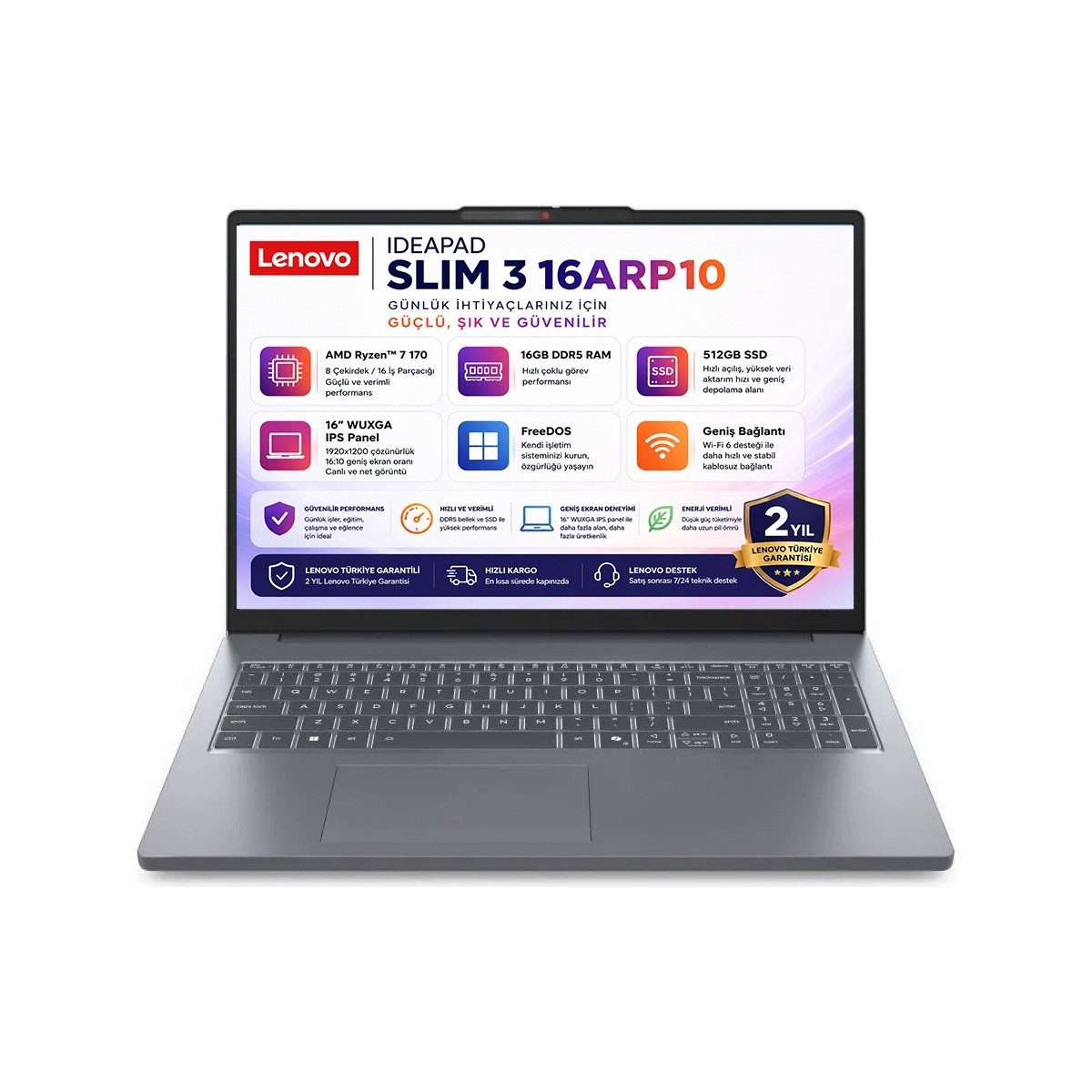 Lenovo Ideapad Slim 3 16ARP10 Amd Ryzen 7 170 16GB 512GB SSD 16" Wuxga (1920X1200) IPS Panel Freedos Taşınabilir Bilgisayar 83K80085TR HBCV0000E07YTB
