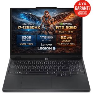 Lenovo Legion 5 15IRX10 Intel Core i7-13650HX 32GB 1TB SSD RTX 5060 8GB 15.3" WUXGA (1920X1200) IPS 165Hz 115W Freedos Taşınabilir Bilgisayar 83LY00PYTR HBCV0000C9VHB4