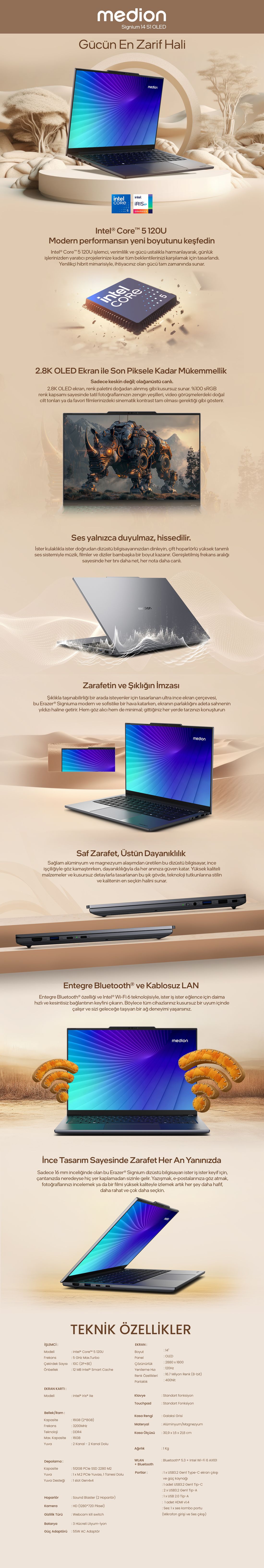 Medion Signium 14 S1 MD600032 Intel Core 5 120U 16GB 512GB SSD Freedos 14" 120Hz OLED Dizüstü Bilgisayar