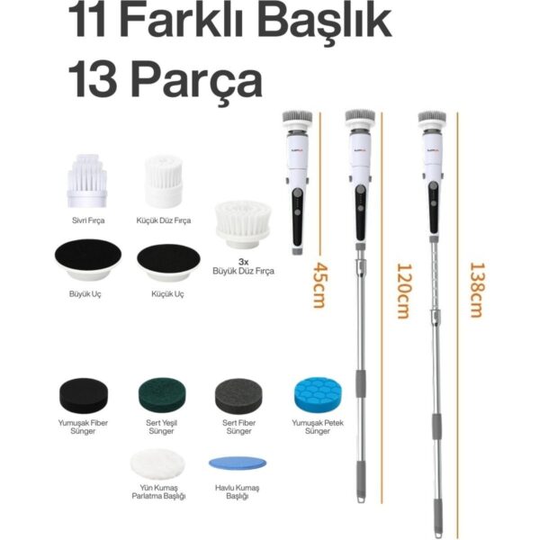 MPIA Şarjlı Ve Elektrikli Temizlik Fırçası | Turbo Dönüş Teknolojisi | IPX7 Su Geçirmez 11 Başlık Dahil Mutfak, Banyo