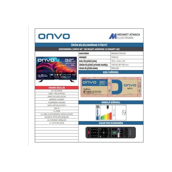 Onvo 32OV6000H 32″ 81 Ekran Uydu Alıcılı HD Ready Smart LED TV