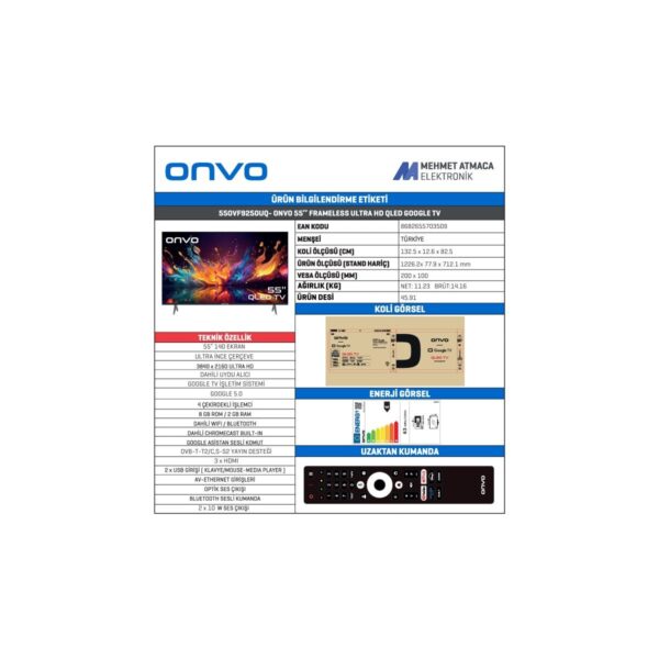 Onvo 55OVF9250UQ 55″ 140 Ekran Uydu Alıcılı 4K Ultra HD Google Smart QLED TV