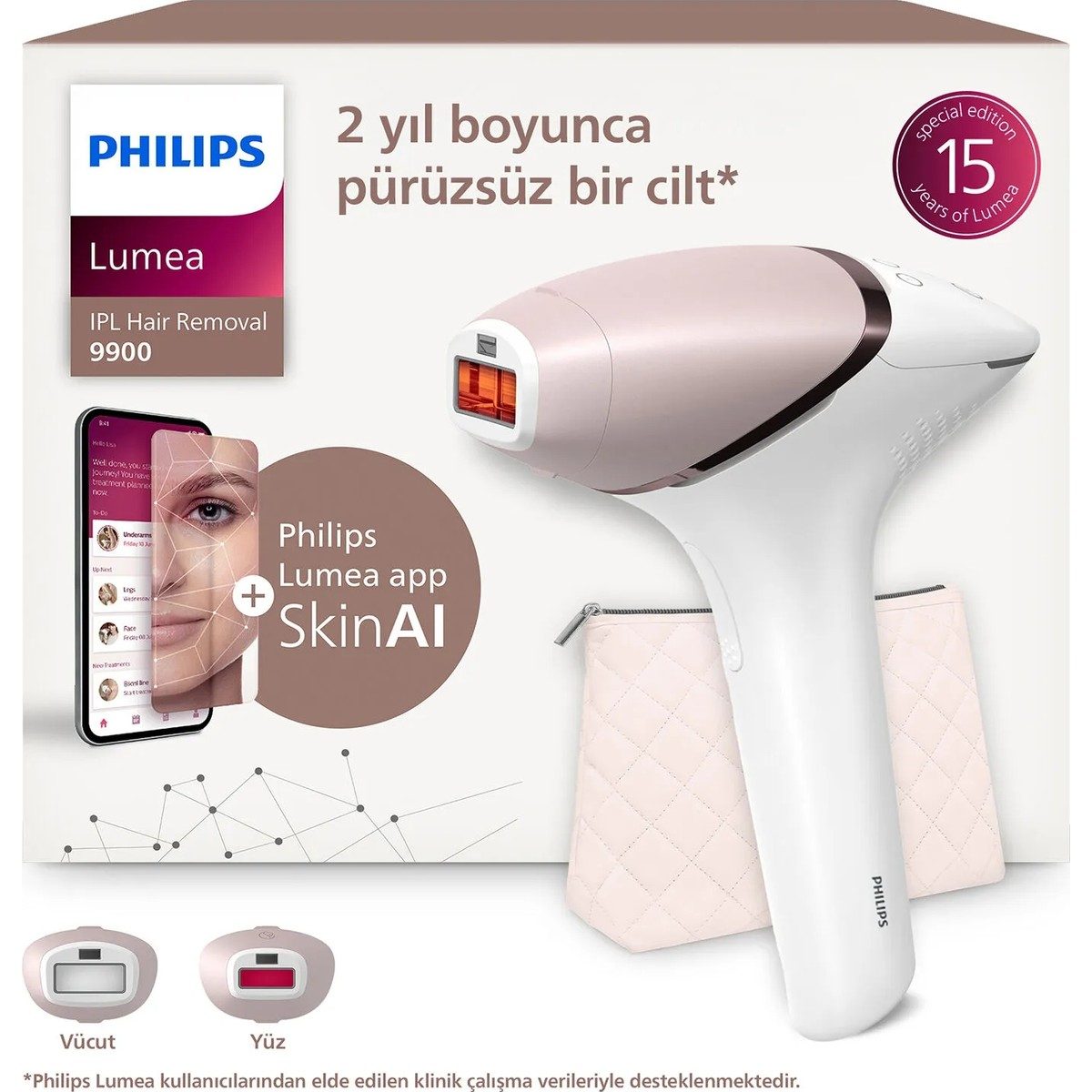 Philips Lumea 9900 Serisi BRI950/02 IPL Tüy Alma, SkinAI Uygulama, Vücut ve Yüz için 2 Başlık, Çanta HBCV0000AFO5DX