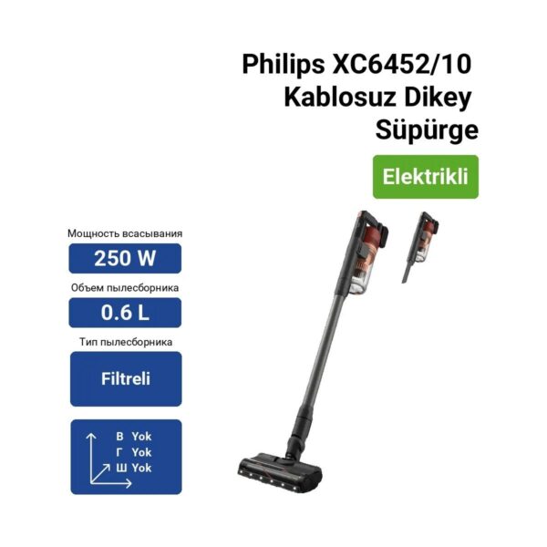 Philips XC6452/10 Kablosuz Dikey Süpürge, Şarjlı, 0.6 L Toz Hacmi, Elektrikli Kullanım Tipi