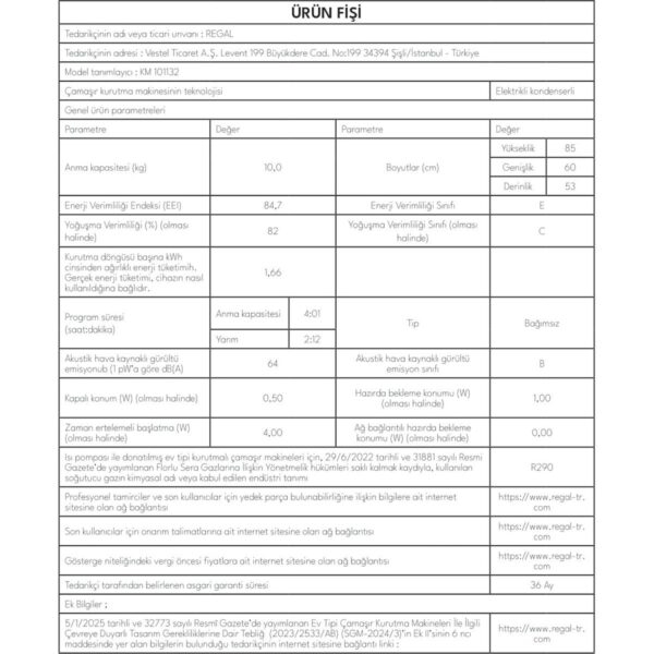 Regal Km 101132 10 kg Kurutma Makinesi Isı Pompalı Enerji Sınıfı E Çocuk Kilidi Özellikli