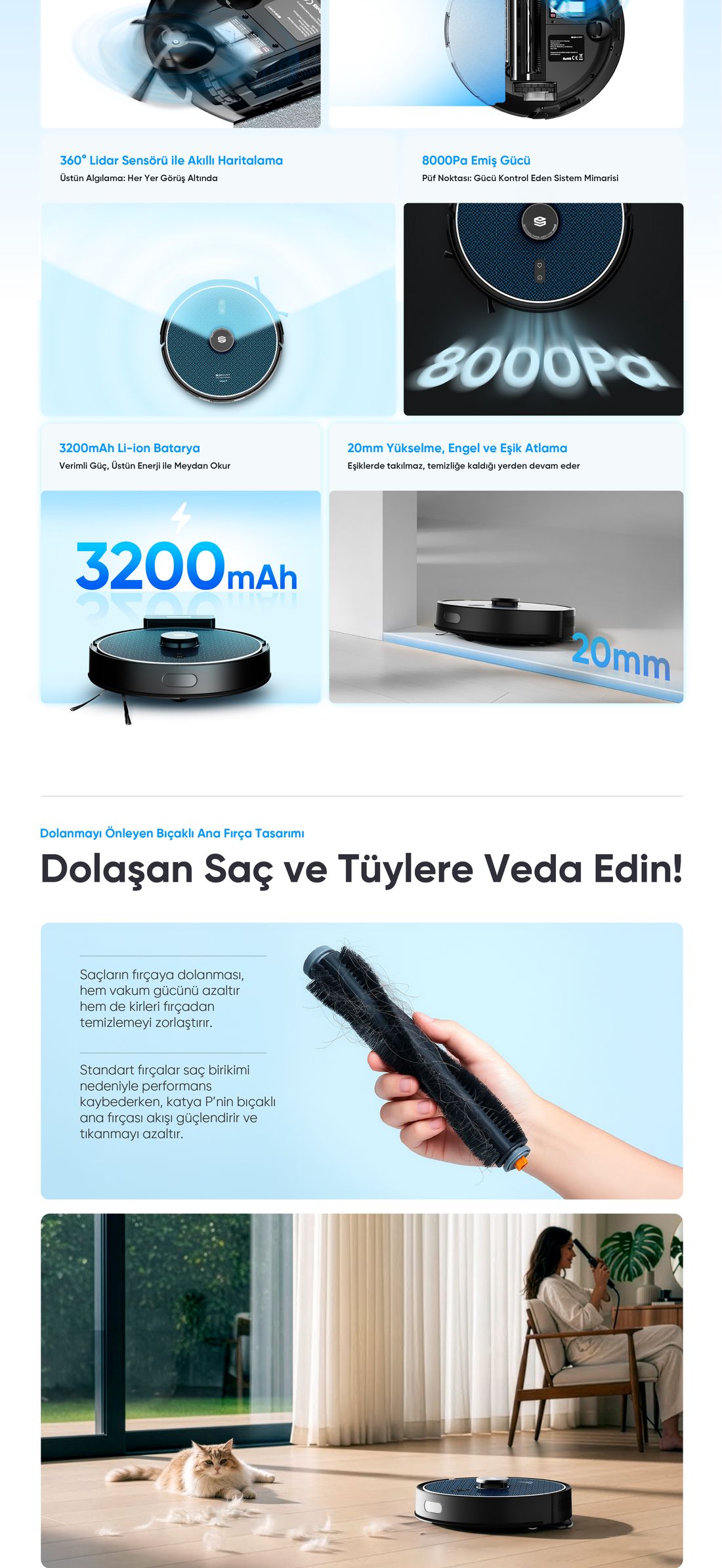 Şımart Katya P Akıllı Robot Süpürge Kıl Kesici Bıçaklı Ana Fırça 8000PA Emiş Gücü