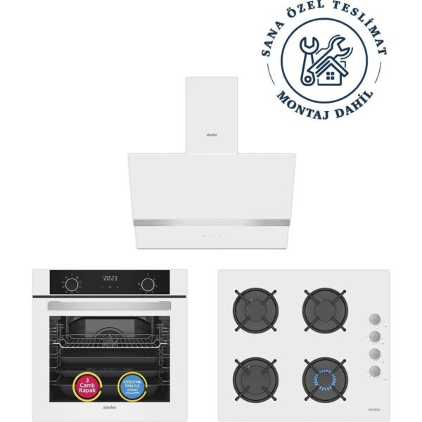 Simfer 0+9 Fonksiyon Airfry Beyaz 3’lü Ankastre Set (8216 Fırın + 3507 Ocak + 8707 Davlumbaz) A Enerji Sınıfı Modern Mutfak Uyumlu