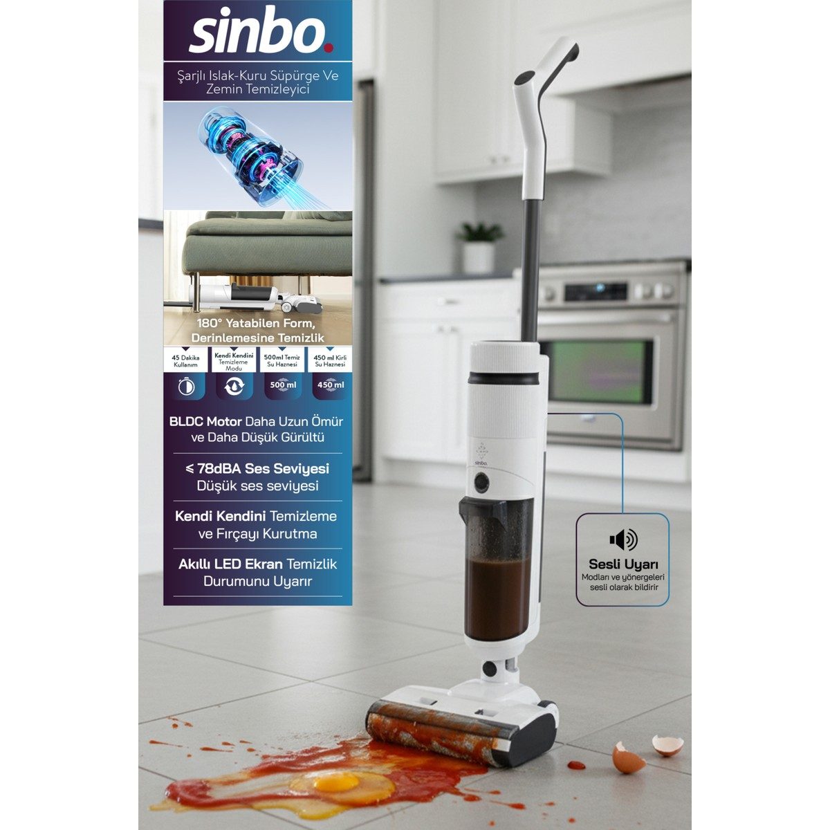 Sinbo SFC-4105 Beyaz Islak-Kuru Yüzey Temizleyici Şarjlı Kullanım ve 0,4 L Toz Haznesi ile HBCV0000ABNG2T
