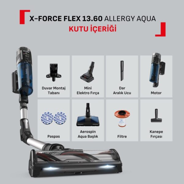 Tefal TY9AC1WO X-Force Flex 13.60 Allergy Aqua Aerospin 150 Air Watt Kablosuz Şarjlı Dikey Süpürge