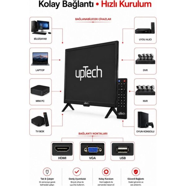 Uptech 19’’ (48 Ekran) Çanaklı / Çanaksız Wifi’li Uydu Alıcısı+Tv Askı Aparatı Hediye